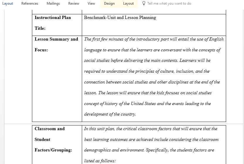 Benchmark Unit and Lesson Planning