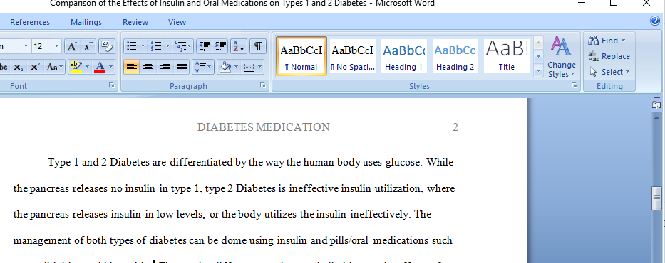 Comparison of the Effects of Insulin and Oral Medications on Types 1 and 2 Diabetes