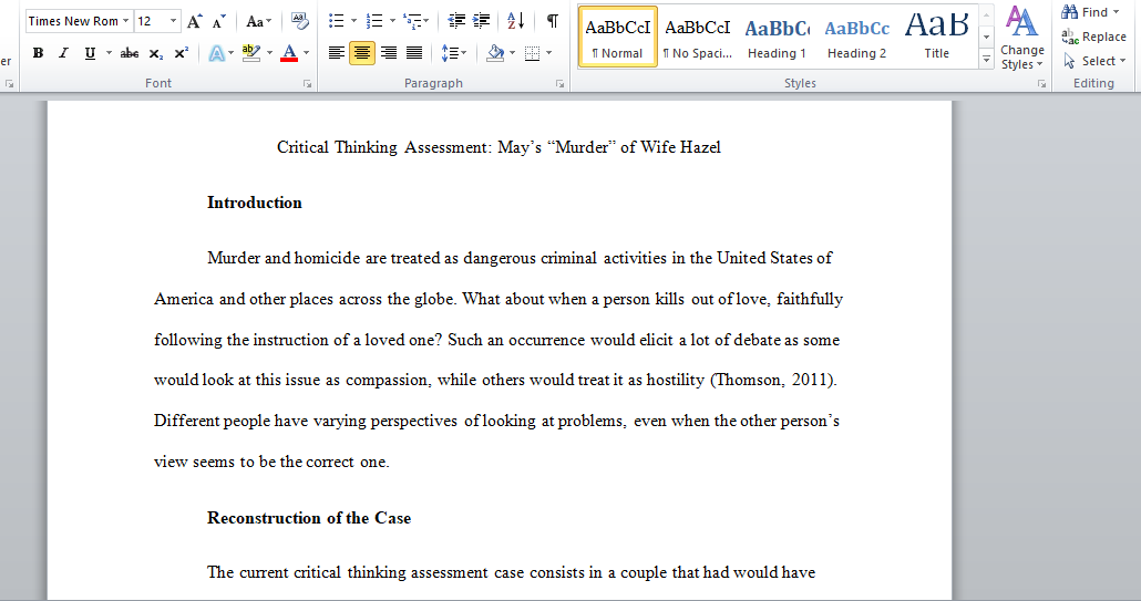Critical Thinking Assessment on Mays murder of wife Hazels