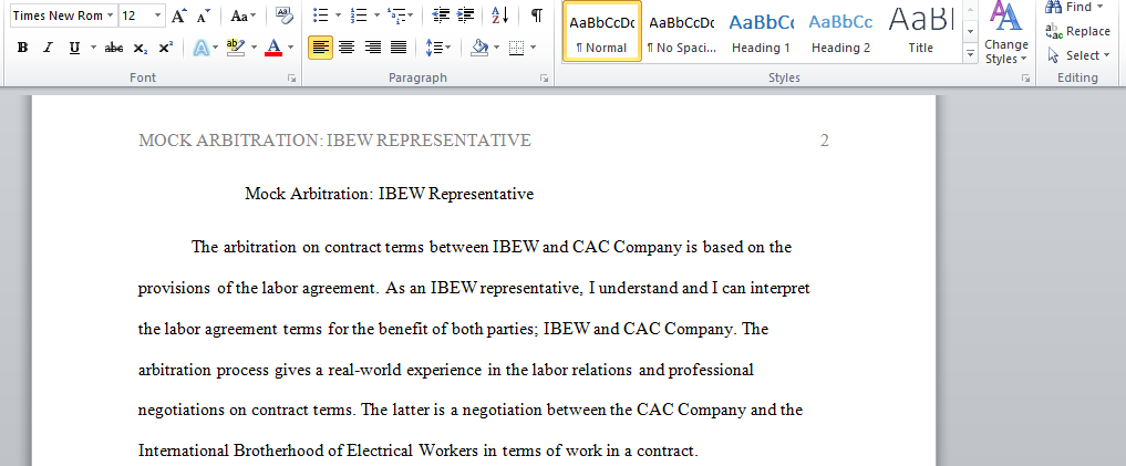 Describe Mock Arbitration on IBEW Representative