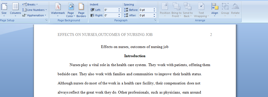 Effects on nurses, outcomes of nursing job
