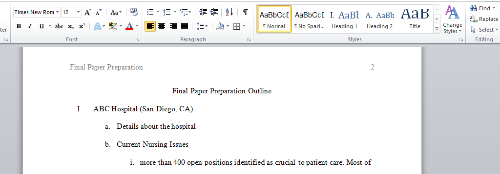 Final Paper Preparation Outline