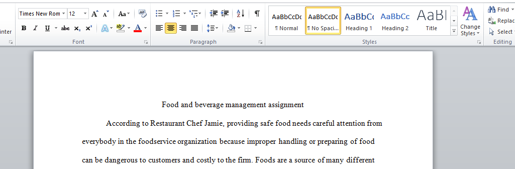 Food and beverage management assignment