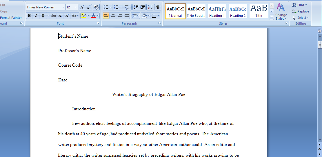 Write a biography,” about Edgar Allen Poe