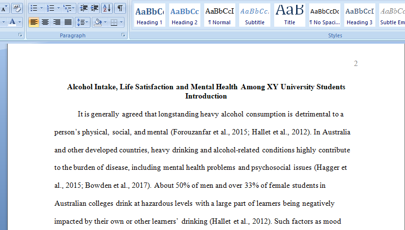 1.	What are the effects of alcohol on social satisfaction among students?