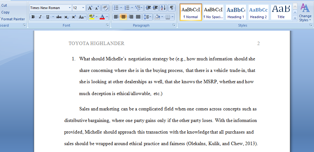 Distributive Bargaining Scenario of Toyota Highlander