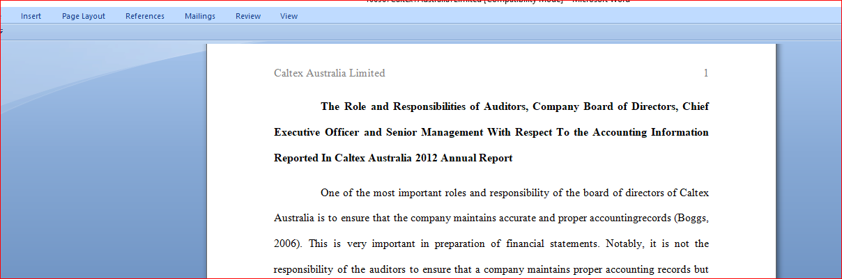 The Role and Responsibilities of Auditors, Company Board of Directors, in Caltex Australia 2012 Annual Report