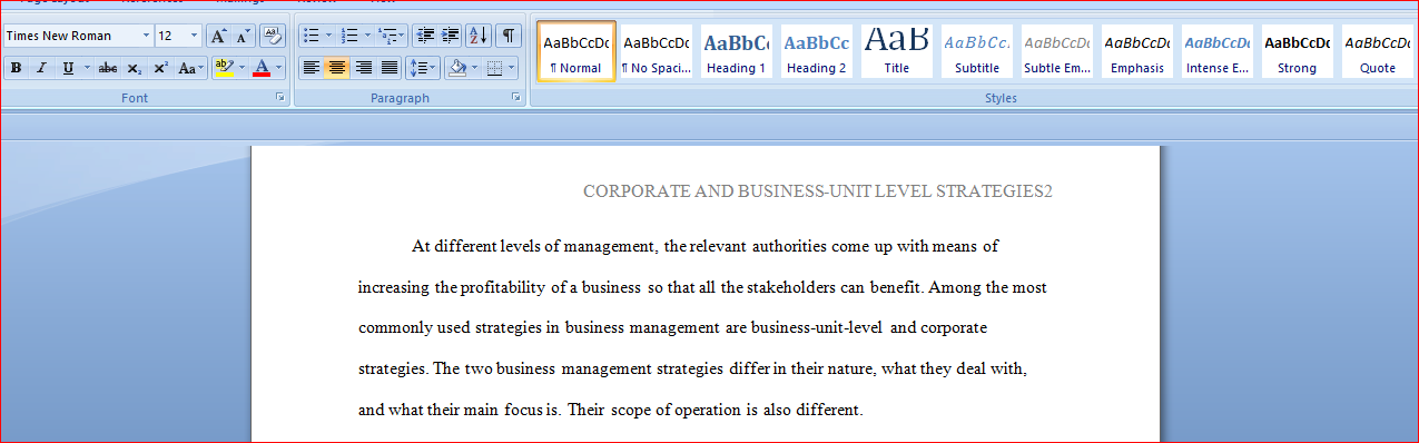 Write a comparison of corporate strategy versus business-unit-level strategy.