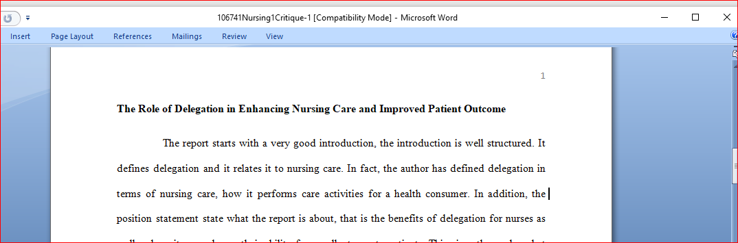 The Role of Delegation in Enhancing Nursing Care and Improved Patient Outcome