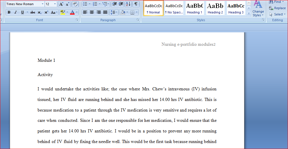 Write a detailed Nursing e-portfolio modules