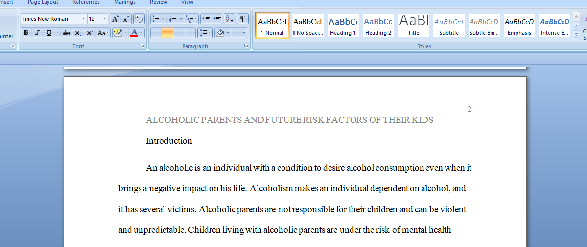 Write a literature review paper on alcoholic parents and future risk factor of their kids