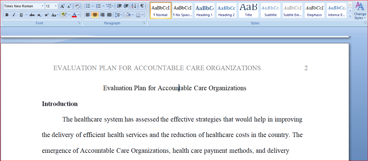 Evaluation Plan for Accountable Care Organizations