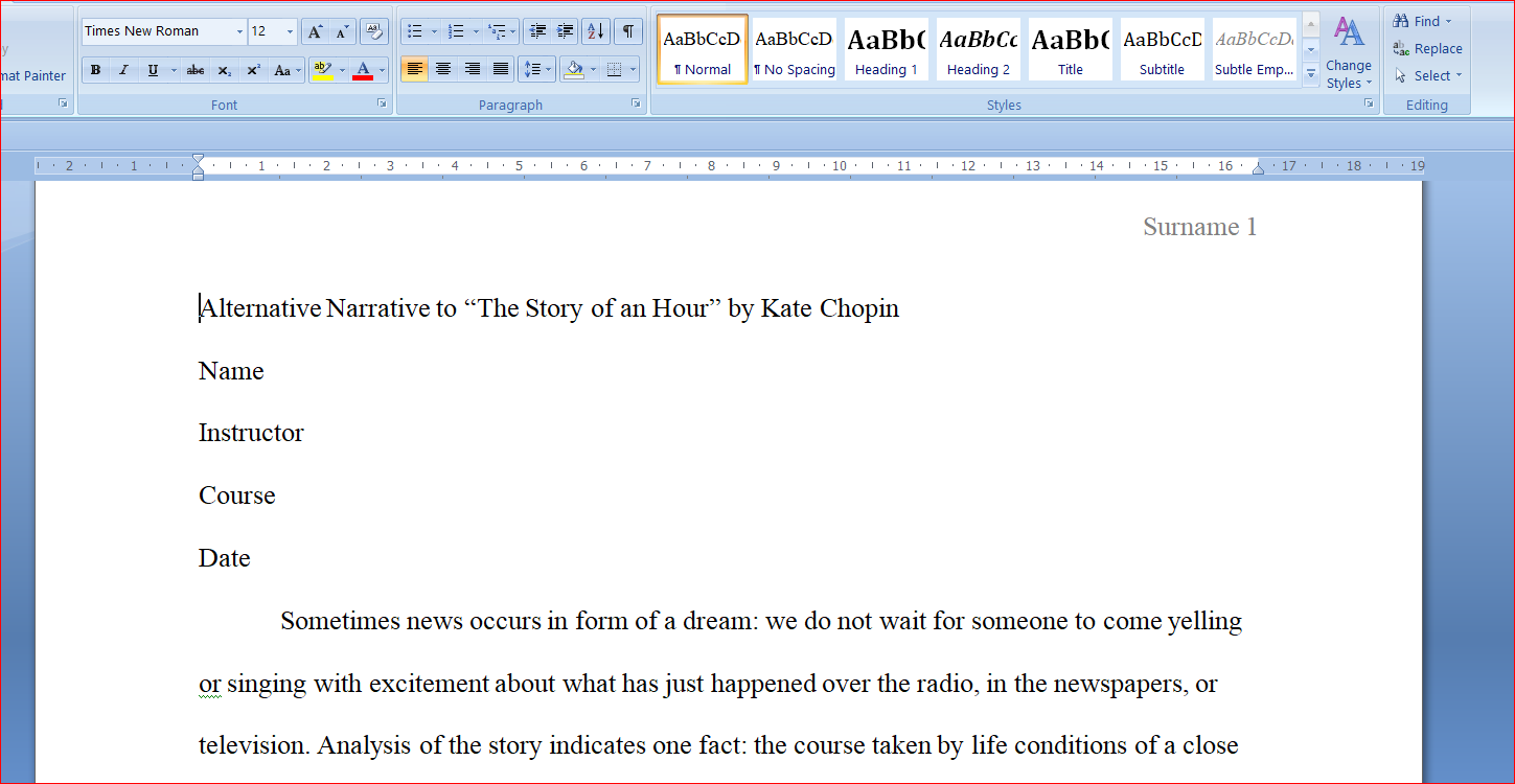 Alternative Narrative to “The Story of an Hour” by Kate Chopin