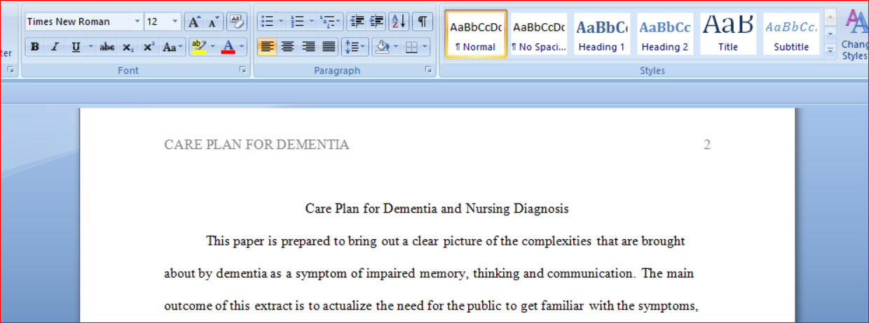 Care Plan for Dementia and Nursing Diagnosis