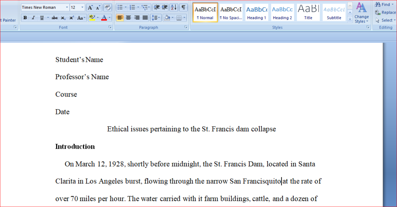 Ethical issues pertaining to the St. Francis dam collapse