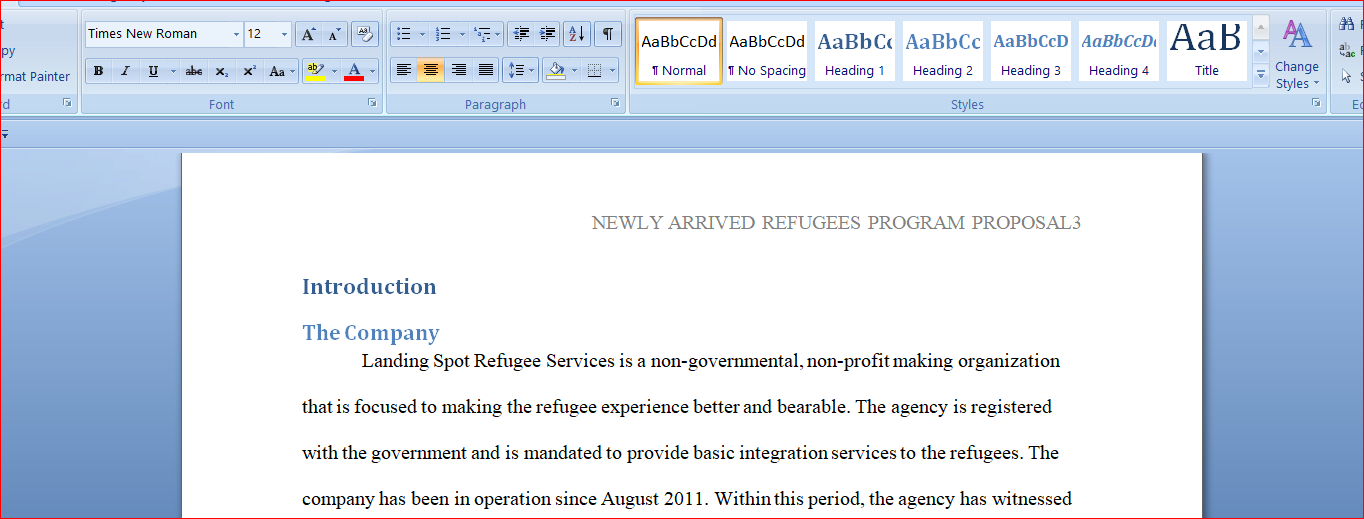 Program Proposal - Newly Arrived Refugees