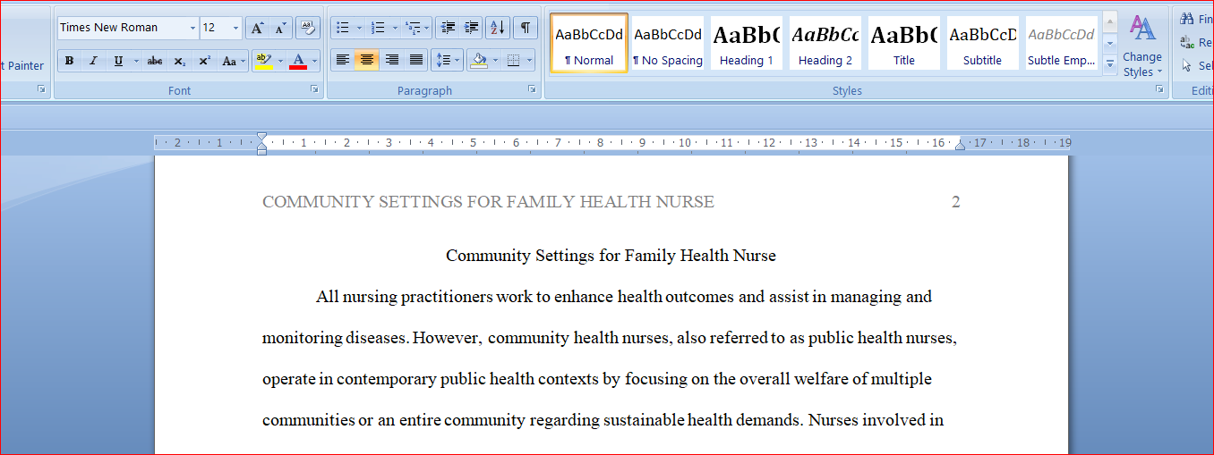 Community Settings for Family Health Nurse