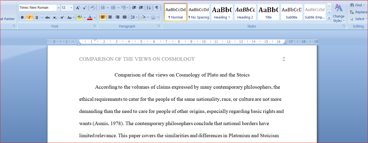 Comparison of the views on Cosmology of Plato and the Stoics
