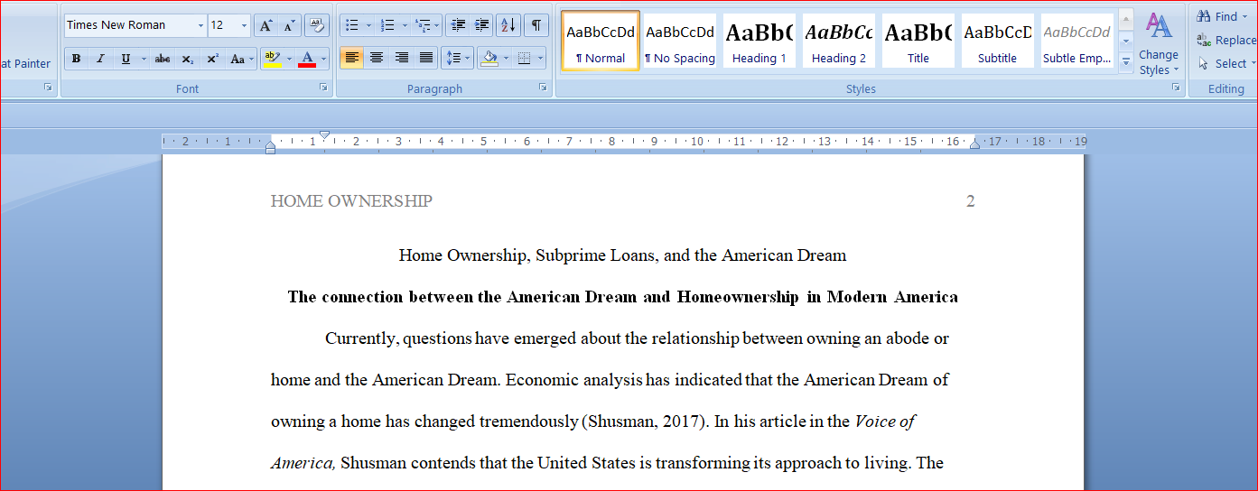 Home Ownership, Subprime Loans, and the American Dream