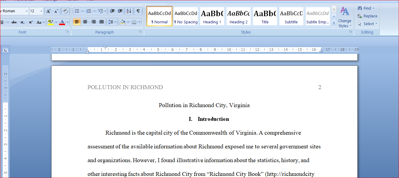 Pollution in Richmond City, Virginia