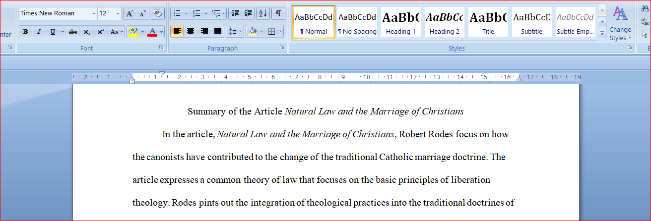 Summary of the Article Natural Law and the Marriage of Christians