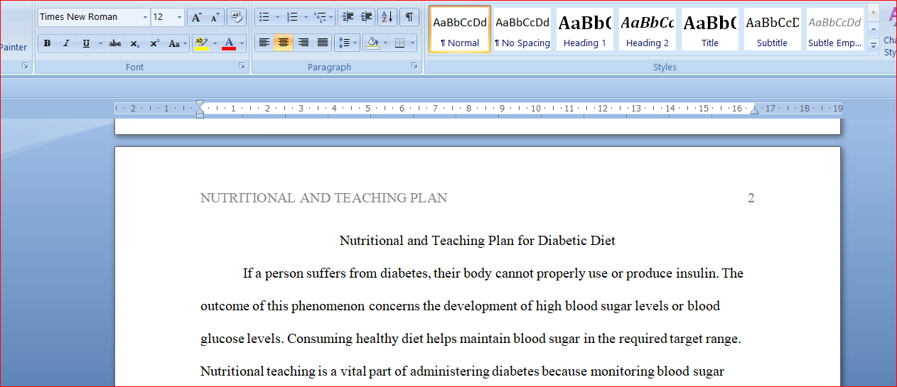 Nutritional and Teaching Plan for Diabetic Diet