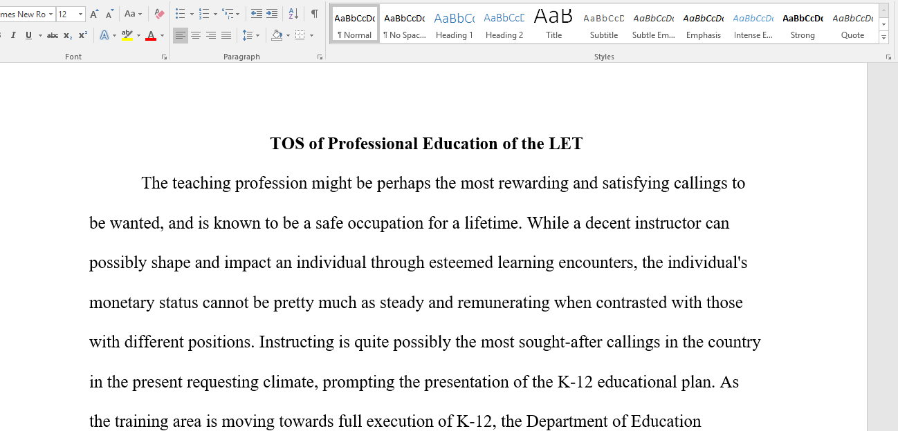 TOS of Professional Education of the LET