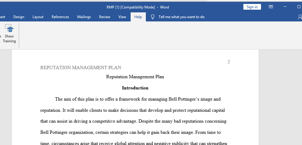 Reputation Management Plan