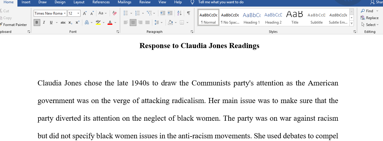 Response to Claudia Jones readings