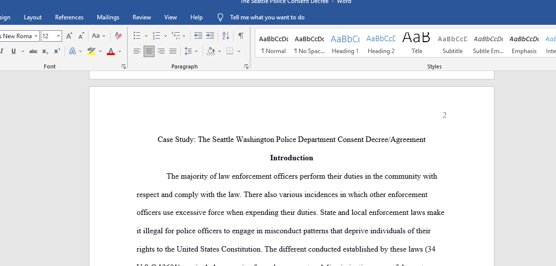 The Seattle Washington Police Department Consent Decree Agreement