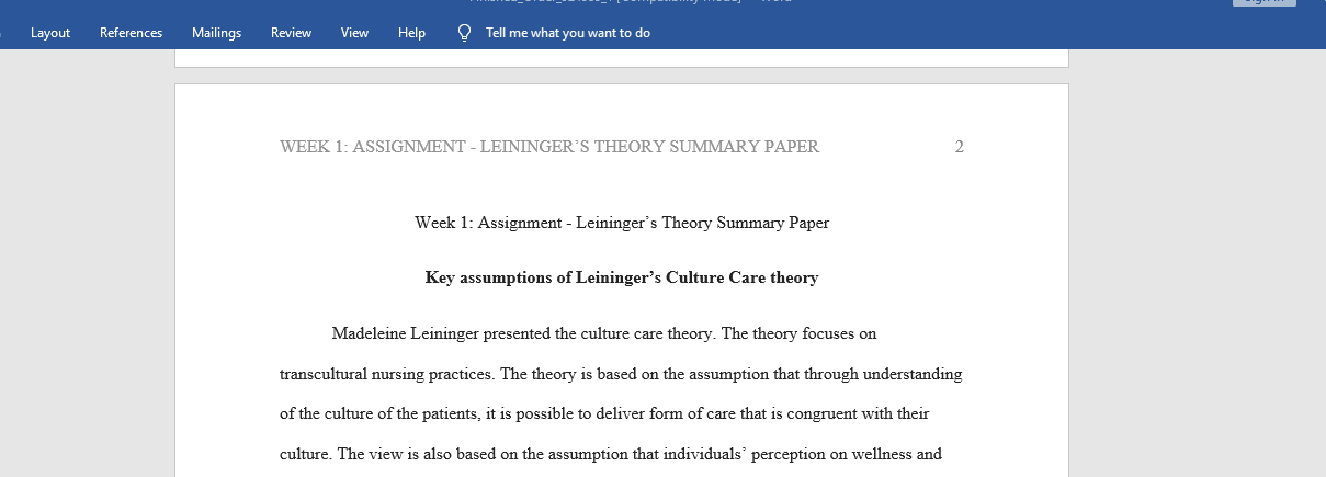 Leininger’s Theory Summary Paper
