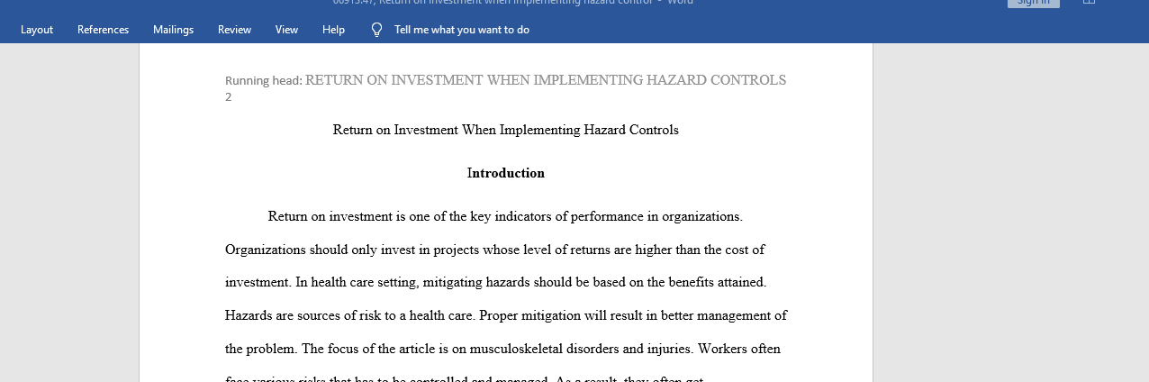 Return on Investment When Implementing Hazard Controls