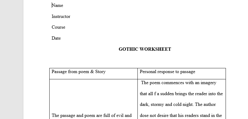 Gothic worksheet