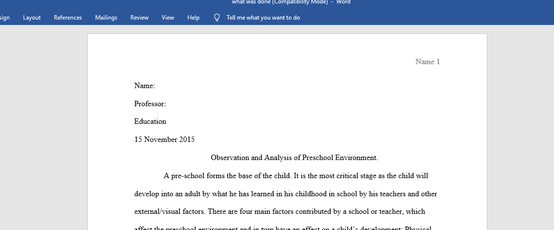 Observation and Analysis of Preschool Environment.