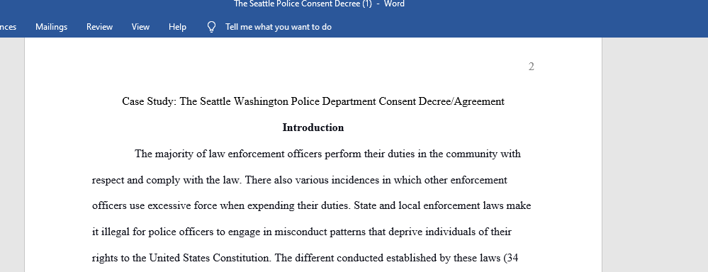 The Seattle Washington Police Department Consent Decree or Agreement