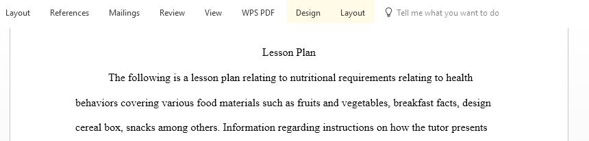 Create a lesson plan on subject Nutrition