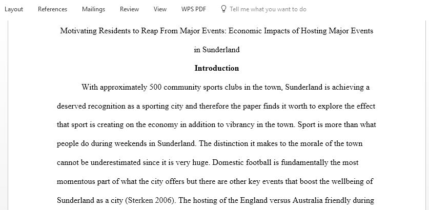 Motivating residents to reap from major events economic impacts of hosting major events in Sunderland final Dissertation