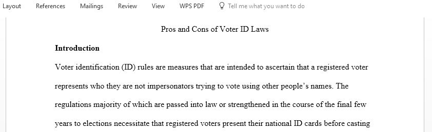 The essay must include the pros and cons of Voter ID Laws, including a thesis and conclusion