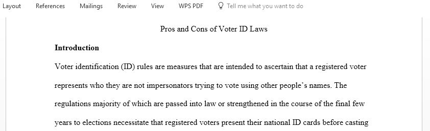 The essay must include the pros and cons of Voter ID Laws, including a thesis and conclusion