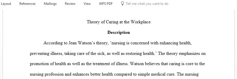 Using the Dr. Watson's Theory of caring, provide a discussion of implementing a change in your work place based on this theory