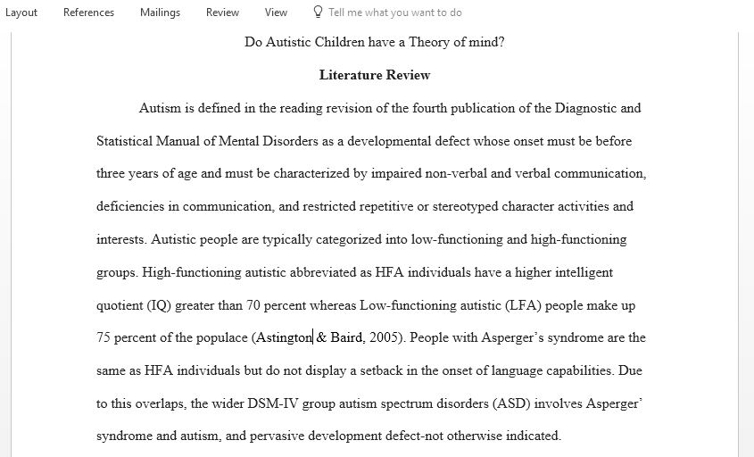 Write a Literature Review Do Autistic Children have a Theory of mind