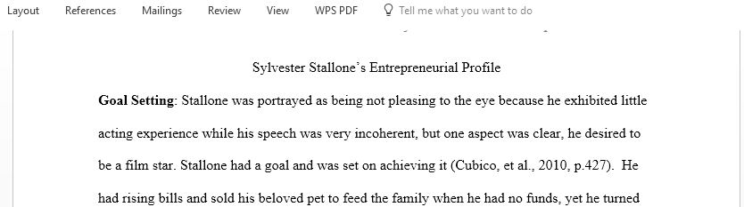 Directly Apply Sylvester Stallone’s career as an entrepreneur actor to the 8 factors of entrepreneurial profile theory to create his own profile