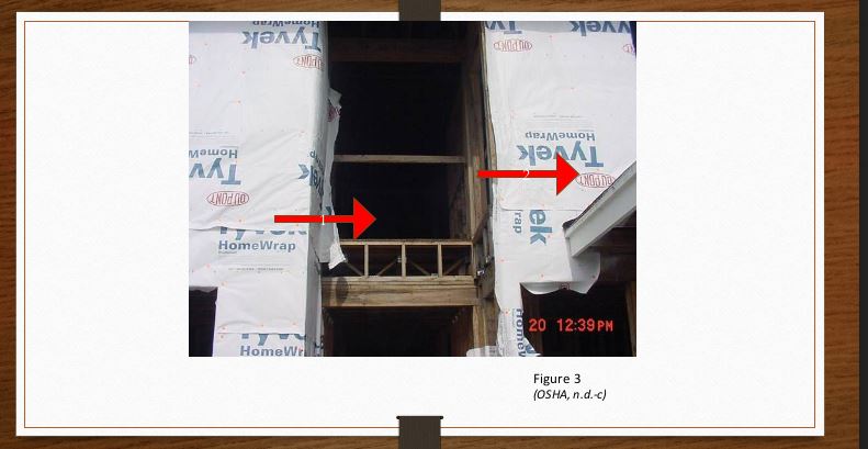 Each of the following slides contains a construction site photo that depicts one or more fall hazards move the red arrow to point toward the location of the hazard