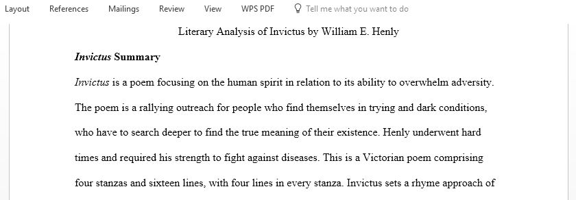 Literary Analysis poem Invictus by William E. Henley