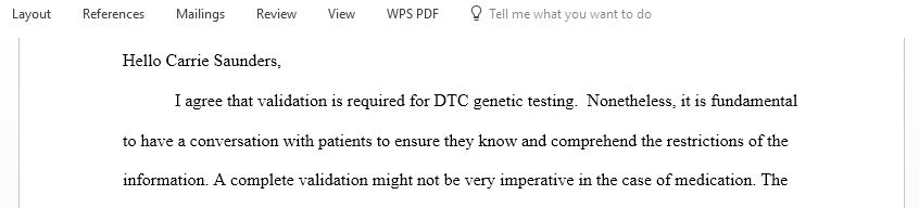 Reply Robert article on FDA mission of protecting human health and validation for DTC genetic testing