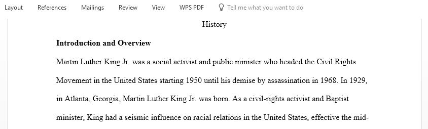 This analytic essay should contain a brief overview of Martin Luther King Jr life and mainly focus on one theme of his life, for example, civil rights movements