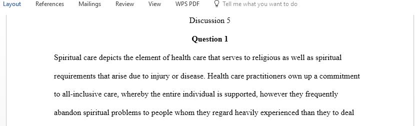 What is your definition of spiritual care  How does it differ or accord with the description given in the topic readings