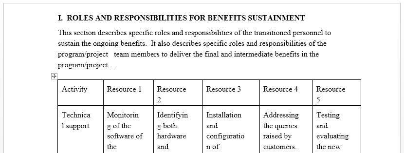 ROLES AND RESPONSIBILITIES FOR BENEFITS SUSTAINMENT
