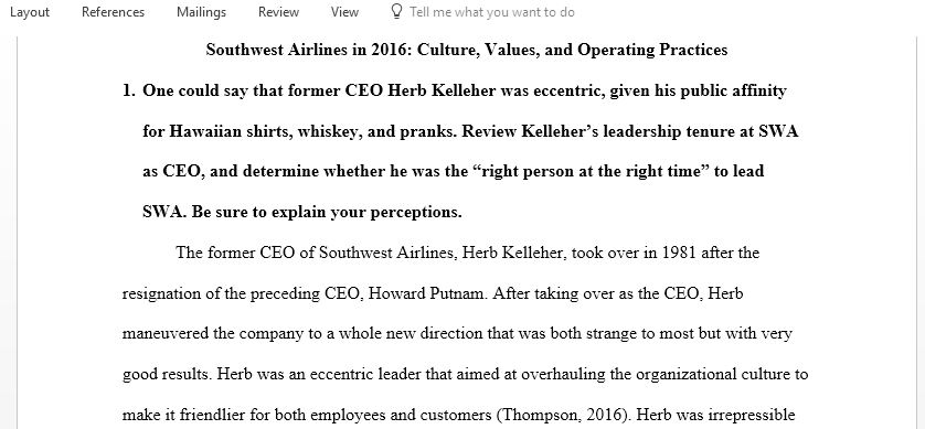 Southwest Airlines in 2016 Culture Values and Operating Practices