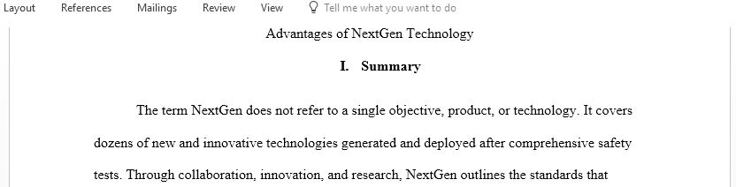 Write a paper on the advantages of NextGen type technology and how these will contribute to aviation safety and a reduction in carbon emissions